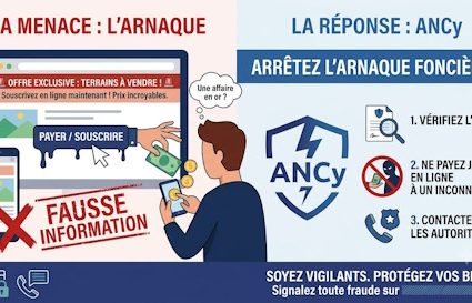 PREVENTION DES ARNAQUES COURANTES : L’ANCy alerte sur la fausse information en circulation sur une opération de souscription ou de vente de parcelles via internet
